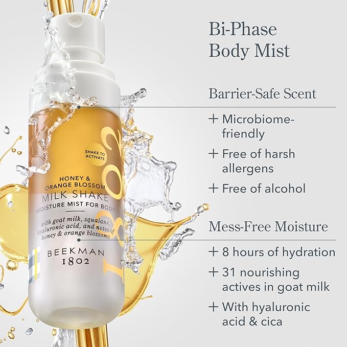 Beekman 1802 Milk Shake Hydrating Body Mist – Alcohol-Free Moisture with Goat Milk, Hyaluronic Acid & Squalane, Lightweight Skin Softening Spray for Sensitive Skin – Honey & Orange Blossom, 2 Fl Oz