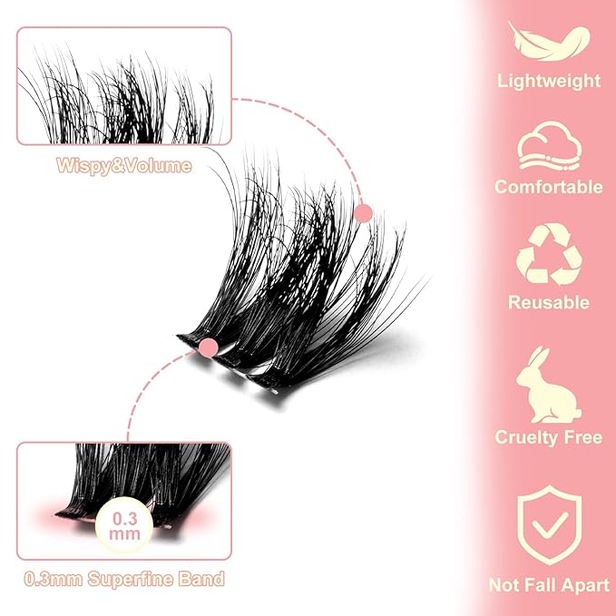 Volume Bomb Lash Clusters Kit 3D Layered Cluster Eyelash Extensions 10-18mm Fluffy Curl Eyelash Clusters 0.3mm Thin & Invisible Band Wispy DIY Individual Lashes Kit for Beginners