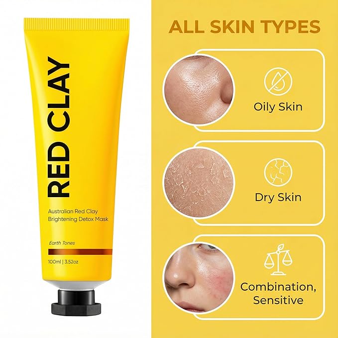 Australian Red Clay Face Mask, Mineral-Rich Detox Mud Mask with Kakadu Plum & Native Lime Extracts, Helps Support Smoother, Radiant-Looking Skin, Gentle Clay Mask for All Skin Types, 3.52 oz / 100 mL