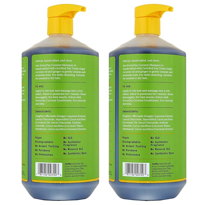 Alaffia Shampoo, EveryDay Coconut 2-Pack – Purely Coconut Shampoo with Coconut, Ginger & Coffee Extracts for Clarifying Normal to Dry Hair, 32 Oz Ea