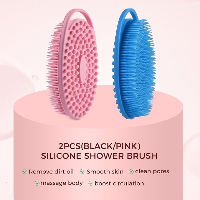 2 Pack Silicone Body Scrubber, Exfoliating Silicone Shower Scrubber for Body, Gentle 2 in 1 Silicone Loofah Alternative for Women Men, Dual-Sided Soft Bath Scrubber for All Skin, Blue+Pink