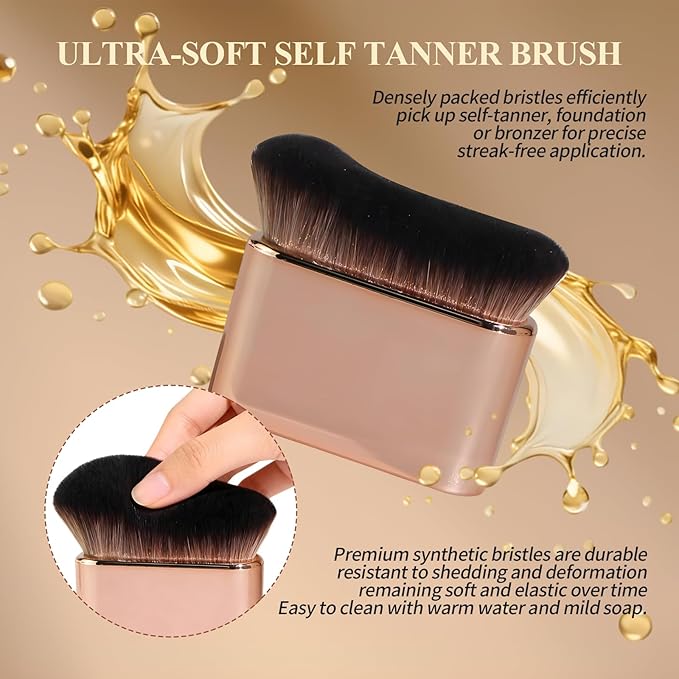 Self Tanner Brush, Kabuki Foundation Body Makeup Brush for Face and Body, Body Shimmer Brush with Ultra-Soft Dense Bristles for Applying Tanning Mousse, Lotion, Bronzer, and Foundation (Rose Gold)