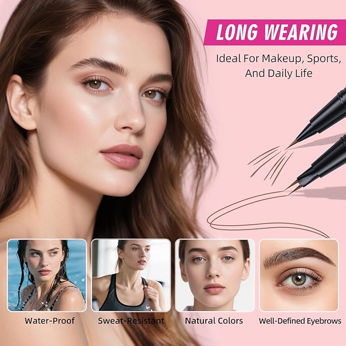 2 Pack Hair Like Eyebrow Pen Set, Long-Lasting Microblading Eye Brow Pencil for Natural Brows, 2-IN-1 Beginners & Daily Use Eyebrow Pencils for Women, Waterproof & Smudge-Proof Brow Tint