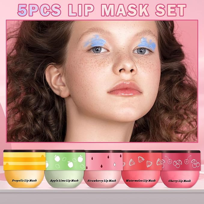 5PCS Bee Lip Balm Honey Pot Honey Watermelon Cherry Apple Strawberry Lip Balm,Moisturizing Sleeping Lip Mask Reduces Lip Lines Prevention Dry and Cracked