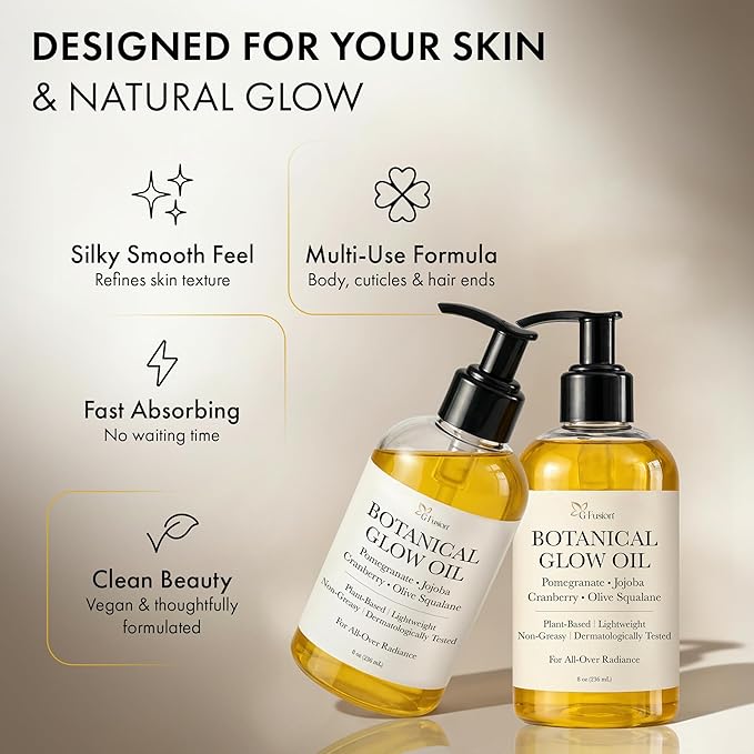 Botanical Body Glow Oil – Plant-Based Shimmer Body Oil for Radiant, Smooth, Hydrated Skin – Oil for Face, Hair, Skin & Nails – Pomegranate, Jojoba, Cranberry & Olive Squalane – All Natural