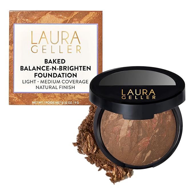 LAURA GELLER NEW YORK Award-Winning Baked Balance-n-Brighten Color Correcting Powder Foundation - Toffee - Buildable Light to Medium Coverage - Demi-Matte Natural Finish