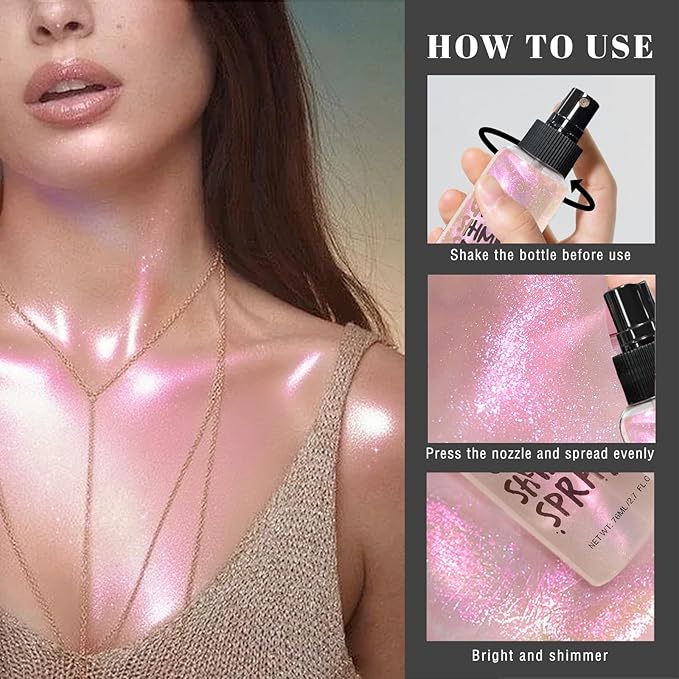 HOSAILY Body Glitter Spray - Rose Gold Body Shimmer for Face, Hair & Body, Moisturizing Luminizer Glow Illuminator, Quick-Drying Sparkling Glitter Spray Liquid Highlighter Makeup (#08)