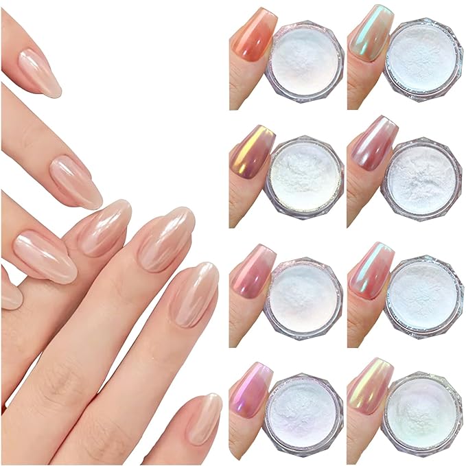 Holographic Mirror White Pearl Chrome Nail Powder Kit Effect Metallic Dust Sequins UV Gel Pearl White Nail Chrome Powder for Nails Art Decoration Set