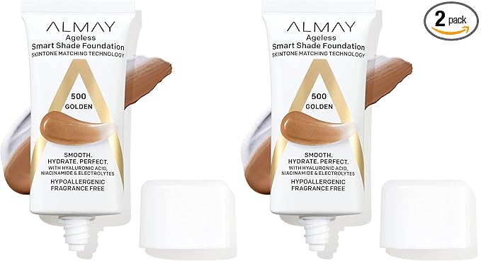Almay Anti-Aging Foundation, Smart Shade Face Makeup with Hyaluronic Acid, Niacinamide, Vitamin C & E, Hypoallergenic-Fragrance Free, 500 Golden, 1 Fl Oz (Pack of 2)