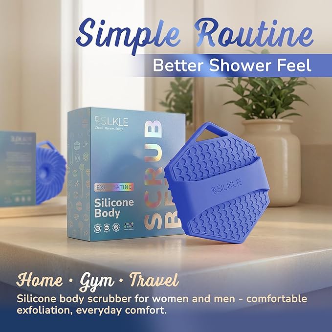 SILKLE Silicone Body Scrubber – Gentle Exfoliating Shower Scrubber for Body & Bath, Silicone Shower Brush & Loofah Alternative – Non-Slip Silicone Body Brush, Quick Dry, Hygienic - Blue