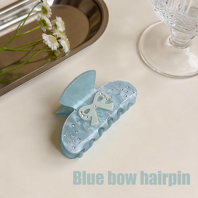 Bow Claw Clip for Women, Non-Slip Sparkling, Pink Cute Extra Large Claw Clips for Thick Hair, Strong Hold Hair Accessories for Workout Party Everyday Use (Blue)