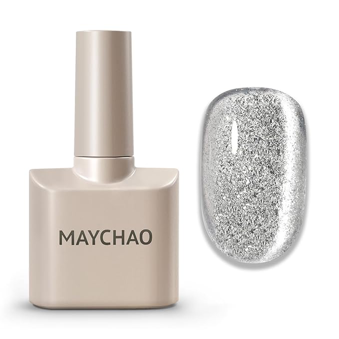 MAYCHAO 15ML Silver Glitter Cat Eye Gel Nail Polish 1Pc Glitter Cat Eye Gel Polish with Magnet Soak off Holographic Magnetic Nail Polish for Nail Art Manicure Salon DIY at Home, 0.5 OZ