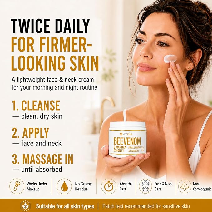 Vitamo Bee Venom Skin Treatment Cream | Face & Neck Wrinkle Moisturizer That Firms & Tightens | Made In USA | Hydrating Skin Restoration with Smoothing Effect | Instant Face Lift Cream, 2oz
