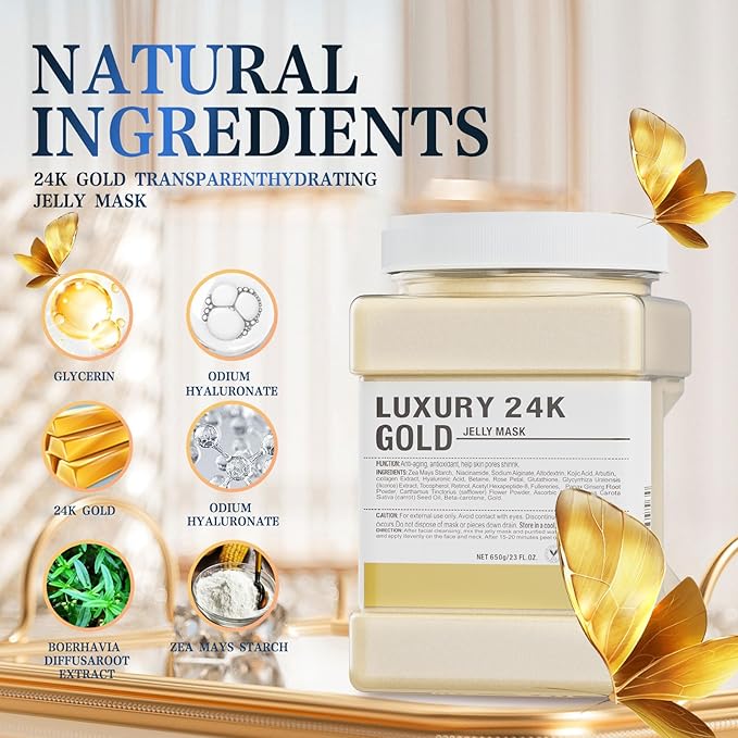 Jelly Mask Powder for Facials,24K Gold Anti-Aging & Firming Jelly Face Mask Hydrating Brighten Professional Peel Off Hydro Face Mask Powder DIY Spa Salon 23 Fl Oz Jar