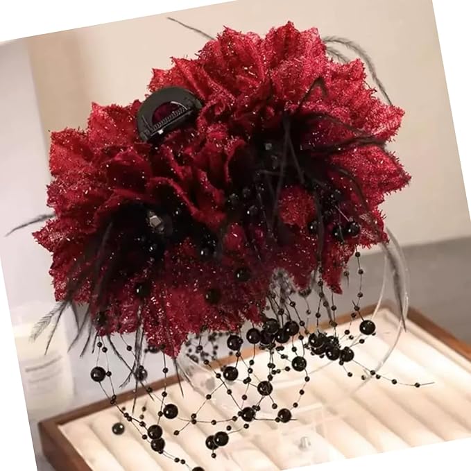 1pc Large Floral Bow Hair Claw Clips with Beads Tassels Red Flower Hair Claw Clip Hair Jaw Clip Hair Accessories for Women Girls Wedding Party Daily Wearing