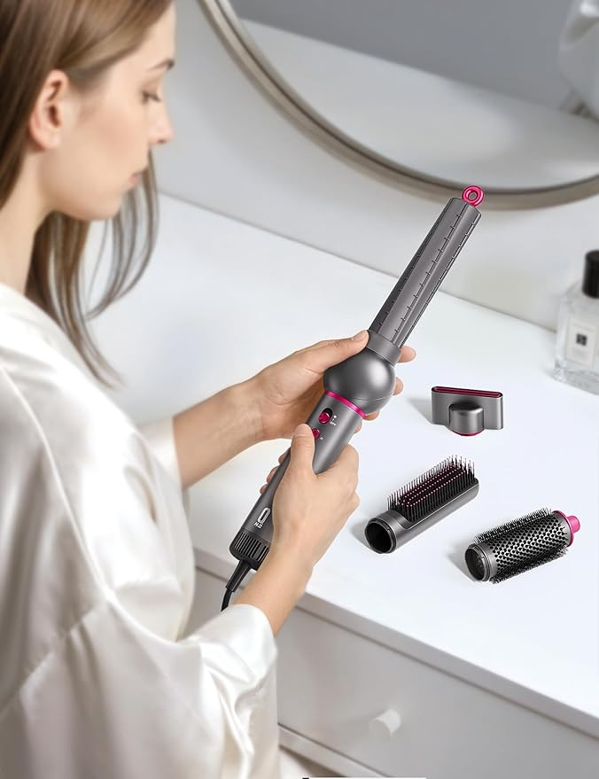 O.H.B 7 in 1 Hair Styler & High Speed Dryer Brush, 110,000RPM Blow Dryer Brush, Ionic Air Styler with Fast Drying, No Heat Damage Air Multi Styler for Volumize, Curl, Straighten, Travel Case, Gray