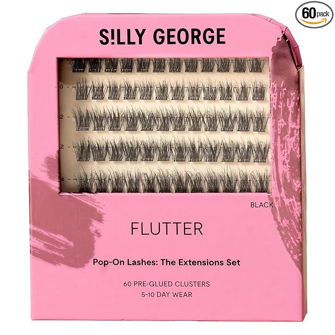 Silly George Pop-On Lashes - DIY 1-Step Pre-Glued Faux Eyelash Clusters, Natural Look Extensions, Black - Flutter, 5-7 Pair Set, Pack of 60 Clusters