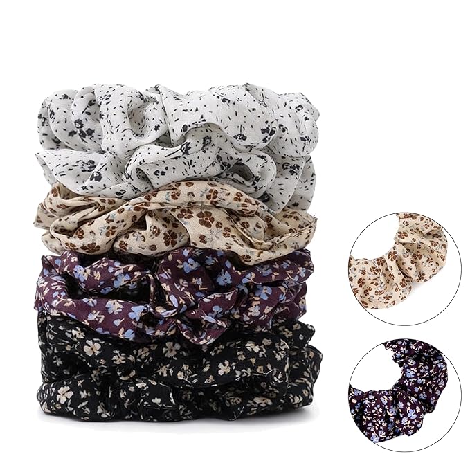 Satin Scrunchies for Women – 8PCS Floral Multicolor Silk Hair Ties (4 Colors, 2pcs Each) – No Crease, Frizz-Free, Sweet & Romantic Hair Bands for Thick & Thin Hair, Cute Hair Accessories Gifts