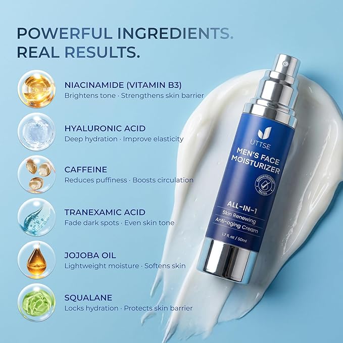 Uttse 6-in-1 Mens Face Moisturizer: Face Cream for Men - Reduce the Look of Eye Bags, Dark Circles, and Puffiness - Skin Care for Men - Made in Korea