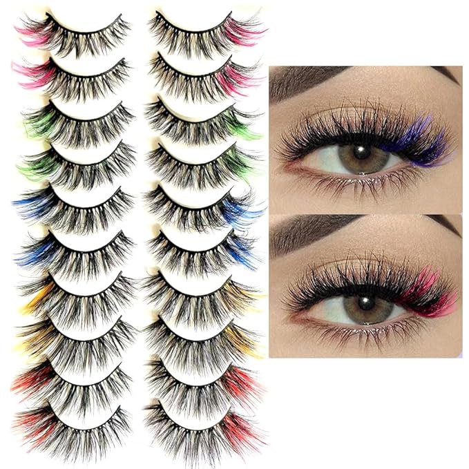 Sunniess Ombre Colored Lashes Silk Protein Fluffy Wispy Volume Fake Lashes for Halloweens Cosplay Party Stage Lashes with Color Make up Faux Mink False Eyelashes