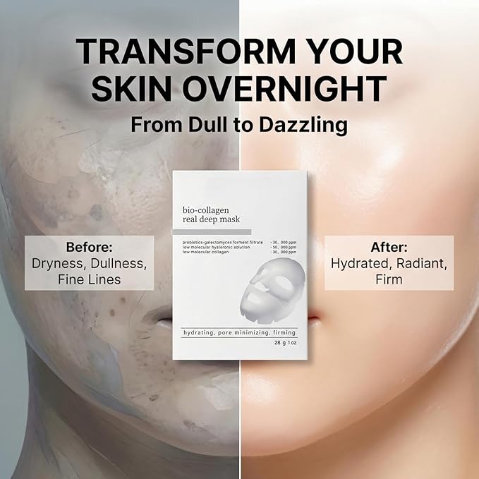 Bio-Collagen Real Deep Mask, Collagen Face Mask Overnight, Deep Hydrating and Firming Facial Mask, Elasticity & Pore Minimizing, Gentle for All Skin Types, 4PCS