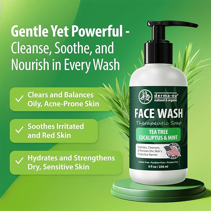 Derma-Nu Gentle Face Wash for Men & Women Hydrating Facial Cleanser for Eczema, Psoriasis & Sensitive Skin Fights Redness, Oil & Breakouts pH-Balanced & Perfect for Oily, Blemish-Prone Skin 8oz