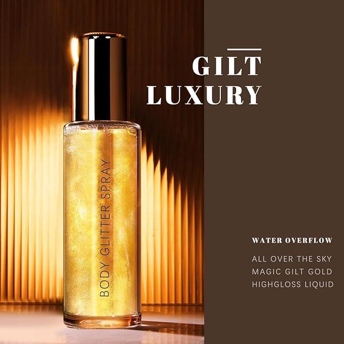 HOSAILY Body Glitter Spray, Holographic Body Shimmer Quick-Drying and Non-Sticky Duochrome Glitter Hairspray for Face Clothes, Sparkle Highlighter Makeup Festival Rave Accessories, Gold