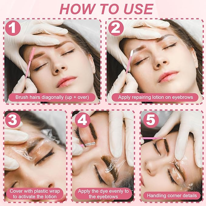 60 Pcs Brow Lamination Supplies Kit with 1 Pack Eyebrow Tattoo Plastic Wrap Disposable Lip Applicators Eyebrow Spoolies Brush Micro Swabs Interdental Brushes for DIY Eyebrow Lift Tint Tools(Pink)
