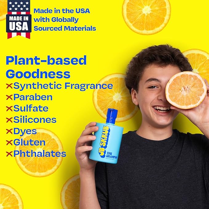 JB SKRUB Boys Shampoo for Kids, Tweens & Teens‚ Aloe Vera & Green Tea for Healthy Hair & Scalp‚ Sulfate-Free, Paraben-Free, Citrus Scent, 14 oz.