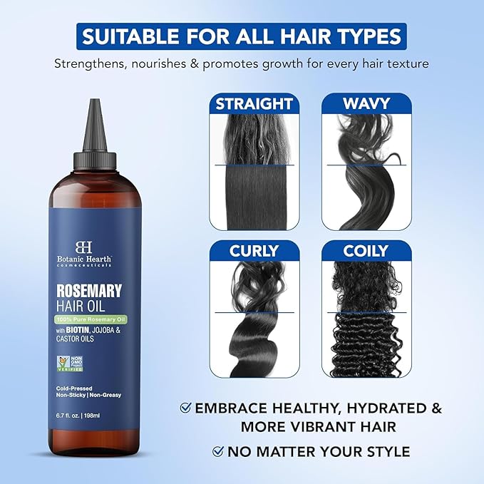 Botanic Hearth Hair Oil for Hair Growth | Rosemary Oil for Hair Growth with Biotin, Castor & Jojoba | Hair Relaxers & Dry Scalp Treatment | Color Safe | All Hair Types | 6.7 Fl Oz