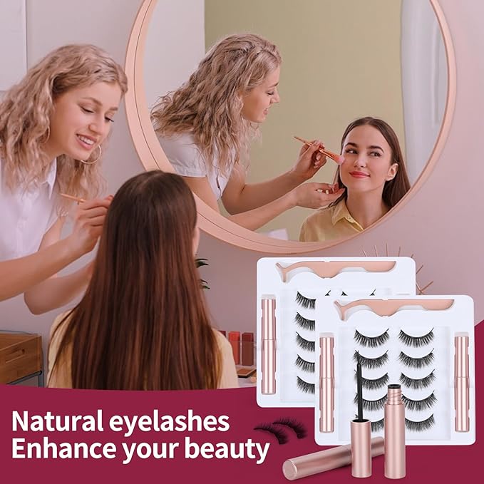 Magnetic eyelashes with eyeliner (5 pairs), is simple and convenient to wear, can be reused, glue-free, and can be used longer with 2 eyeliners (natural styles)