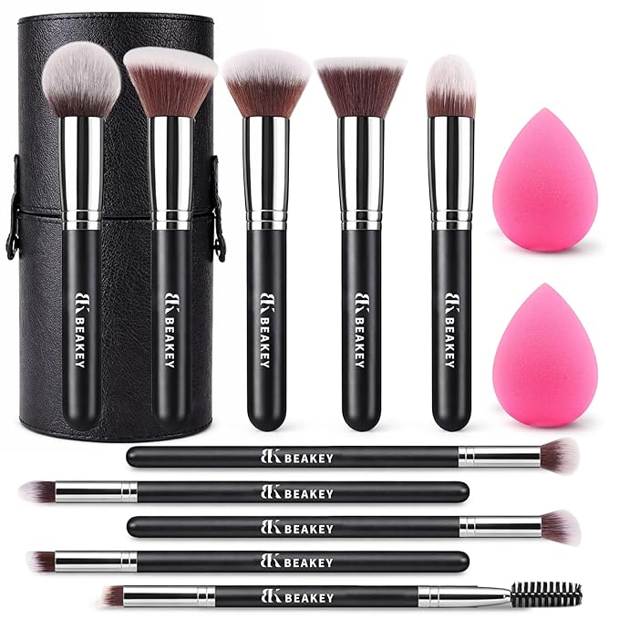 BEAKEY 13PCS Makeup Brush Set with Case & 2 Sponges, 10 Makeup Brushes Full Face Kit, Beginner Friendly, Soft Synthetic Bristles for Smooth Even Application, Travel Makeup Kit for Face & Eyes