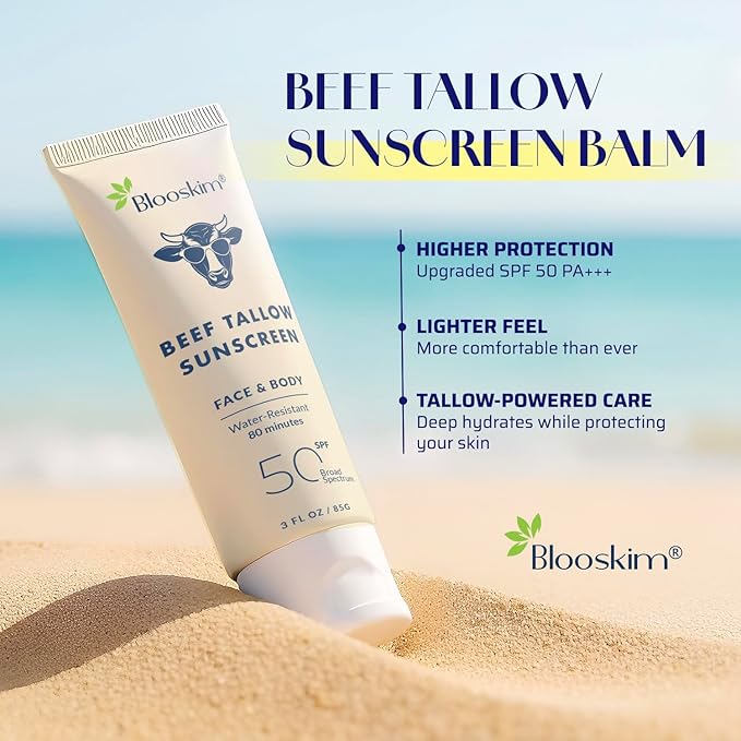 Blooskim Beef Tallow Sunscreen SPF 50: Natural Tallow & Zinc Oxide Sunblock Cream for Face & Body - Sun Protection with Non Greasy Formula for Women and Men - Water-Resistant 3 oz