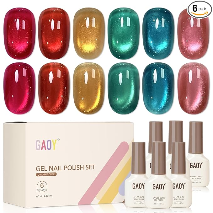 GAOY Cat Eye Gel Nail Polish Set with Magnet 6 Colors, Pink Red Blue Yellow Colors Sheer Gel Polish, Gemstone Nail Art Manicure