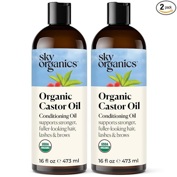 Sky Organics - Castor Oil Organic - Volumizing Hair Oil - Scalp, Lashes, Brows - Pure Castor Oil Cold Pressed - Natural Conditioner - Omega Fatty Acids, Vegan - Beauty, Hair, & Self Care - 8oz, 2 Pack