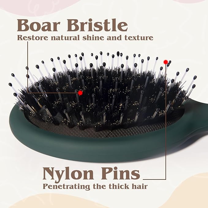 Mini Boar Bristle Hair Brush - Boar & Nylon Bristle Small Brush for Women Kids Long Short Hair to Smooth Add Shine - Travel Size Hair Brush for Purse,Pocket, Green