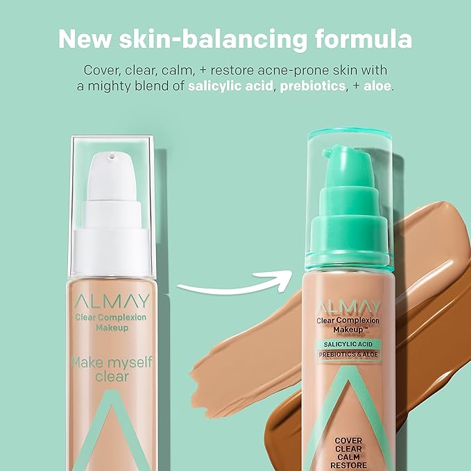 Almay Clear Complexion Acne Foundation Makeup with Salicylic Acid - Lightweight, Medium Coverage, Hypoallergenic, Fragrance-Free, for Sensitive Skin, 710 Natural Tan, 1 fl oz. (Pack of 2)