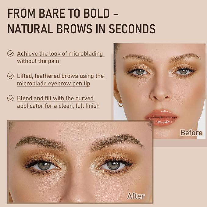 Dual-Ended Microblading Eyebrow Pencil for Women, 2 in 1 Liquid Eyebrow Pencil with Curved Tip and 4D Brow-Fection Microblading Pen, Shaped Fill HairLike Waterproof Lasting Eyebrows 02 Brown