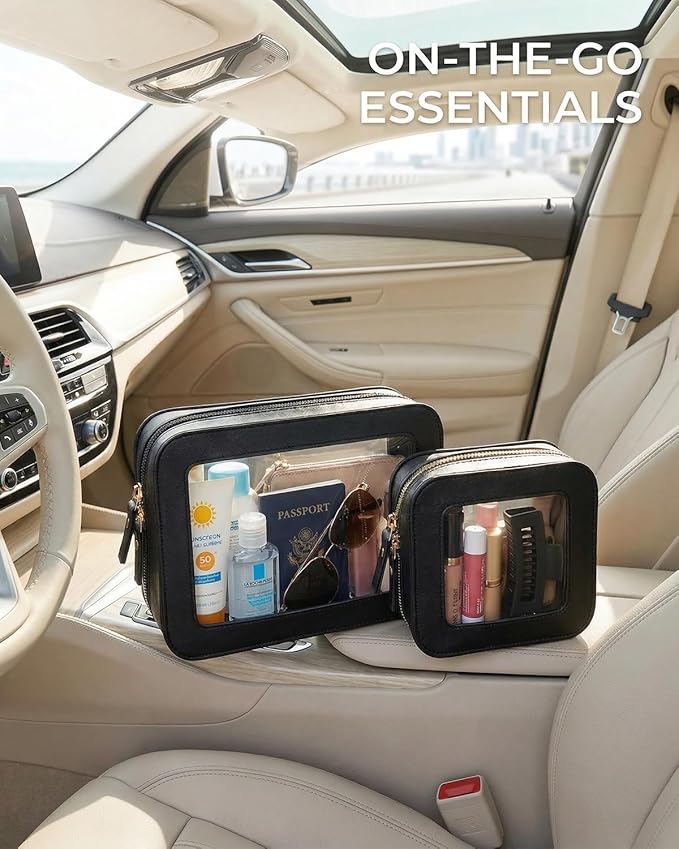 LETGO Clear Makeup Bags Set of 2, Waterproof PU Leather Portable Makeup Bag Holder with Transparent Window, Travel Lipstick Case Pouch Car Accessories for Women Men (2Pack-Standard & Square, Black)