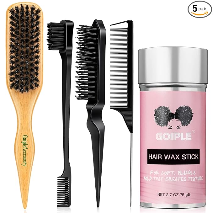 Slick Back Hair Brush Set Teasing Boar Bristle Brush, Hair Wax Stick, Edge Brushes, Rat Tail Comb, Teasing Comb, Wooden Slickback Hairbrush Accessories, Smoothing Combs for Women & Kids (5PCS)
