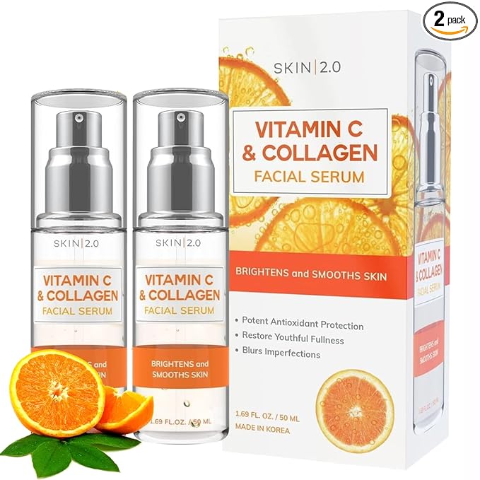 Skin 2.0 Vitamin C Serum with Collagen - Anti-Aging & Dark Spot Remover - Dermatologist Tested Korean Skincare for Brightening & Acne - Clean Beauty, Cruelty-Free, All Skin Types - 1.69oz (2-Pack)