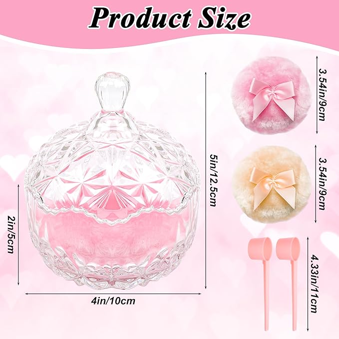 5 Pcs Large Body Powder Puff and Container Set, Anglecai 4 Inch Crystal Powder Puff Container for Body Powder Puff Dish with 2P Powder Puffs and 2P Spoon