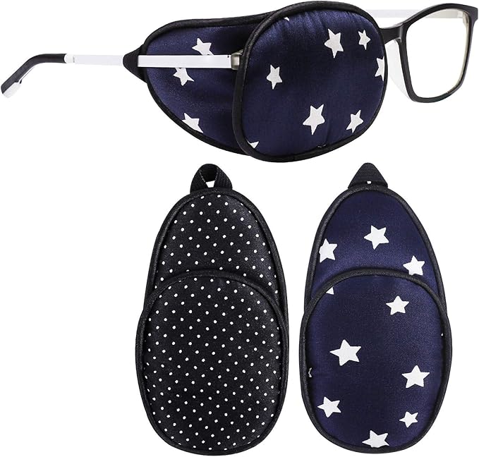 eZAKKA Eye Patches for Adults, Eye Patch for Glasses, Silk Patch for Lazy Eye Amblyopia Strabismus and After Surgery (Blue with Star+Black Polka Dots)