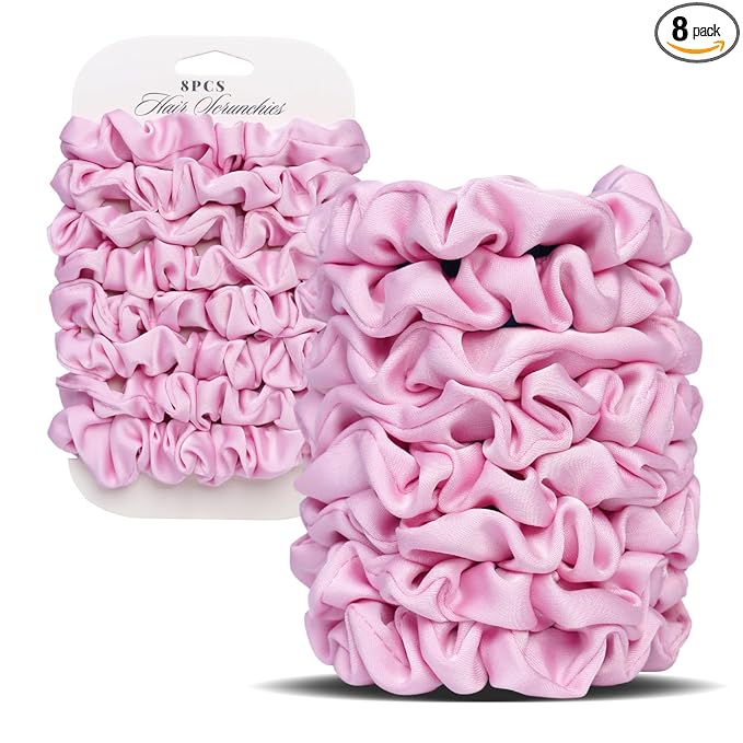 Ultra-Petite Satin Scrunchies for Women – 8PCS Pink Small Hair Ties – Softer Than Silk, No Crease, Frizz-Free, Gentle Elastic Bands for Day & Night, Perfect Gifts