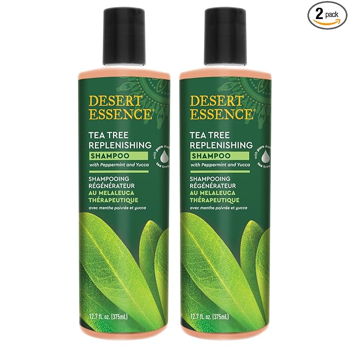 Desert Essence Tea Tree Replenishing Shampoo - 12.7 Fl Ounce - Pack of 2 - Therapeutic - Peppermint & Yucca - Restore & Nurture Hair - Reduce Flaking - All Skin Types