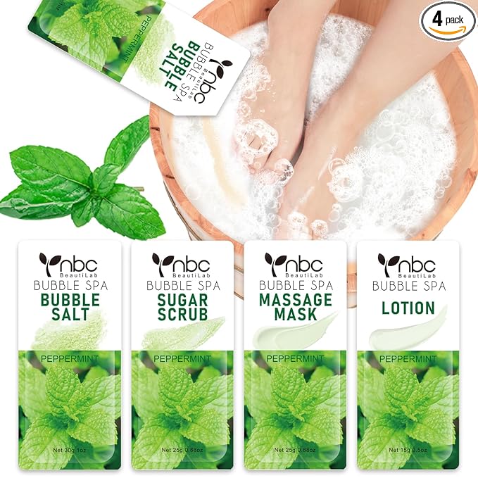 Pedicure Kit Foot Soak Set: Bubble Salt, Sugar Scrub, Massage Mask, Massage Lotion in a Box, 4 Step Foot Spa Kit for Dry Feet, Calluses and Tired Feet(1 Set Peppermint)