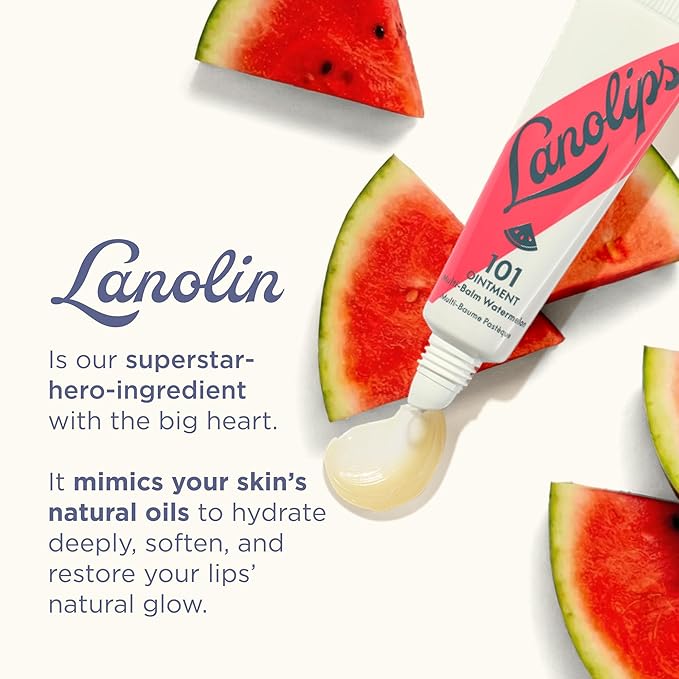 Lanolin 101 Multipurpose Ointment - Lanolin Lip Balm & Healing Ointment for Skin Barrier Repair - Moisturizer for Dry Lips, Cuticles & Elbows - No Petroleum Formula - Watermelon (0.35 oz)