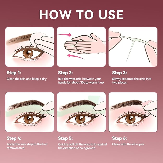 Facial Wax Strips Kit for Women – 80 Strips Hypoallergenic Eyebrow Wax Strips for Hair Removal Home Use + 5 Calming Oil Wipes, Suitable for All Skin Types