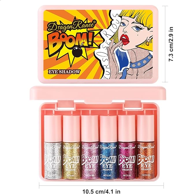 6 Pcs Liquid Glitter Eyeshadow Set Colorful Eyeliner with Long-Lasting and Waterproof Shinning Eye Shadow Gift for Women Eye Makeup (Boom Bomb)