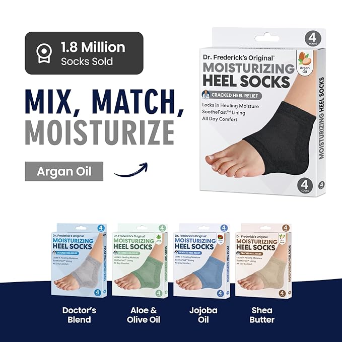 Dr. Frederick's Original Moisturizing Heel Socks for Dry Cracked Heels Treatment - Infused with Olive Oil, Jojoba Oil and Vitamin E - 2 Pairs - Self Care Gifts for Women & Men - Black Argan